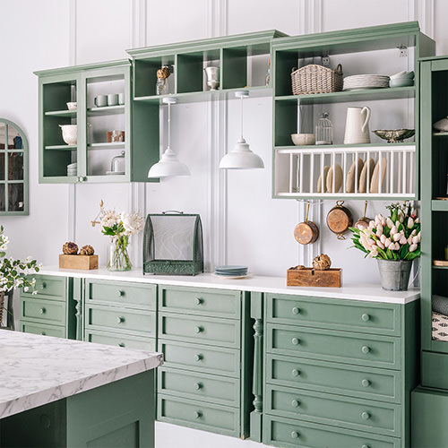 How To Choose A Kitchen Cabinet Color Tips From A Designer Image 6 Cottage style kitchen with green cabinets and white countertops.