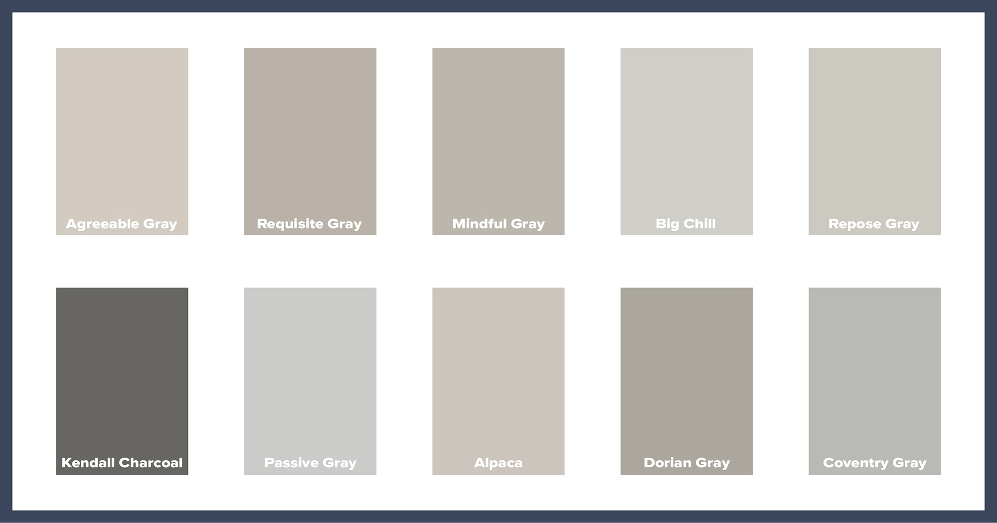 PMV - Blog - Top 10 Grays Header Update Graphic of the top 10 gray paint colors
