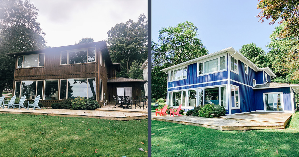 PMV - Blog - When To Repaint Your House Exterior - Header Before and after photo of a home that PMV Painting painted the exterior of. It went from brown to a royal blue.